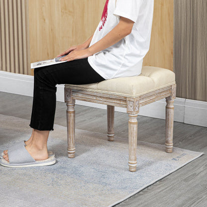 16 inch Beige Tufted Vintage Ottoman, Linen Fabric Foot Stool with Carved Rubberwood Legs, 264 LBS Capacity