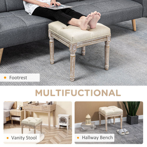 16 inch Beige Tufted Vintage Ottoman, Linen Fabric Foot Stool with Carved Rubberwood Legs, 264 LBS Capacity