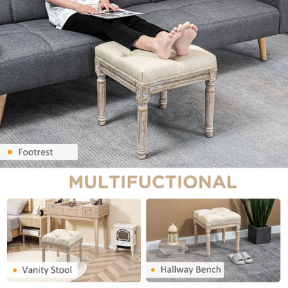 16 inch Beige Tufted Vintage Ottoman, Linen Fabric Foot Stool with Carved Rubberwood Legs, 264 LBS Capacity