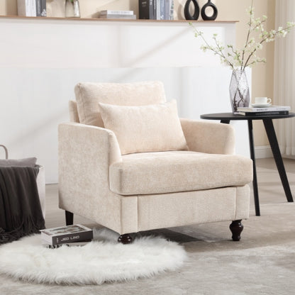 Beige Chenille Tufted Studded Wood-Frame Mid-Century Accent Chair