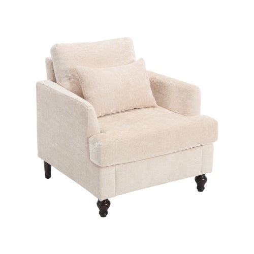 Beige Chenille Tufted Studded Wood-Frame Mid-Century Accent Chair