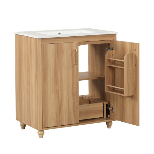 30" Bathroom Vanity with Sink Combo, Multi-functional Bathroom Cabinet with Doors and Drawer, MDF Board, Natural