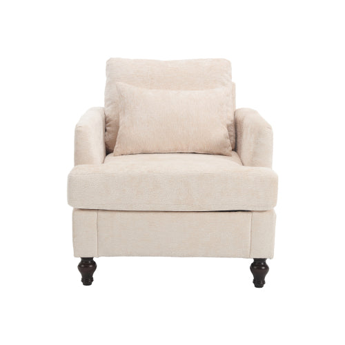 Beige Chenille Tufted Studded Wood-Frame Mid-Century Accent Chair