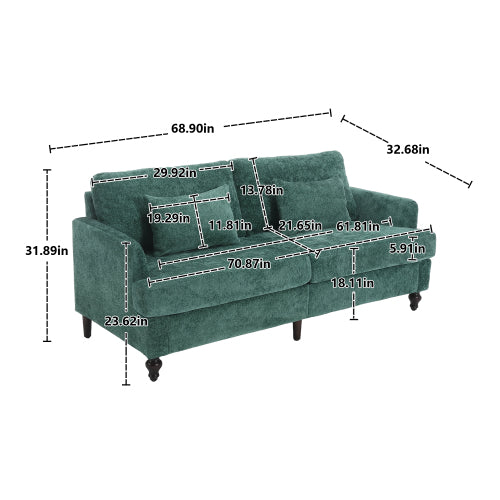 Mid-Century Modern Emerald Chenille 2-Seat Loveseat, Wood Legs