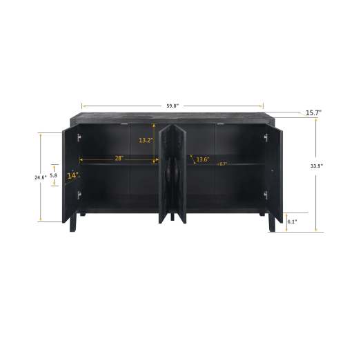 Carved Flower Door Handle Antique Four Door Cabinet for Living Room Kitchen Hallway (Black)