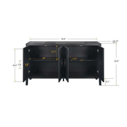 Carved Flower Door Handle Antique Four Door Cabinet for Living Room Kitchen Hallway (Black)