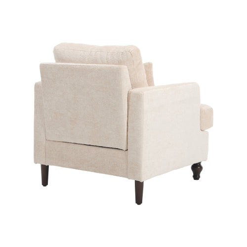 Beige Chenille Tufted Studded Wood-Frame Mid-Century Accent Chair