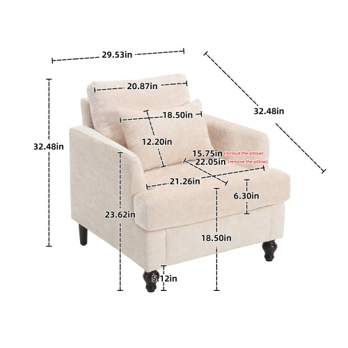 Beige Chenille Tufted Studded Wood-Frame Mid-Century Accent Chair