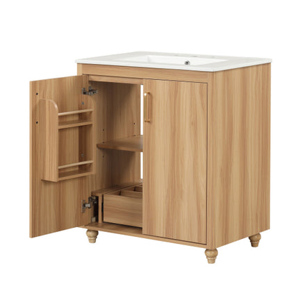 30" Bathroom Vanity with Sink Combo, Multi-functional Bathroom Cabinet with Doors and Drawer, MDF Board, Natural