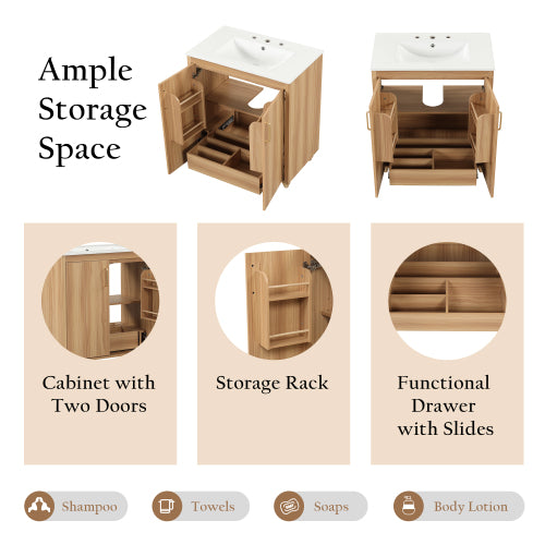 30" Bathroom Vanity with Sink Combo, Multi-functional Bathroom Cabinet with Doors and Drawer, MDF Board, Natural
