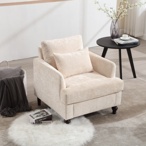 Beige Chenille Tufted Studded Wood-Frame Mid-Century Accent Chair