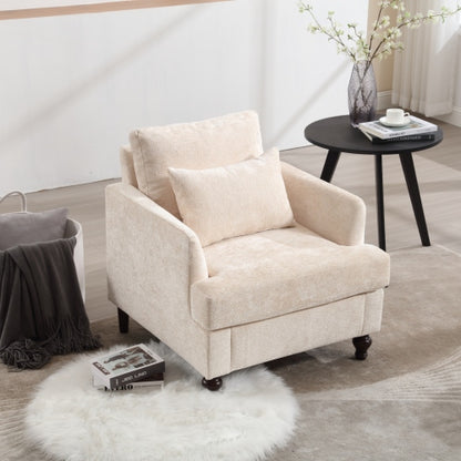 Beige Chenille Tufted Studded Wood-Frame Mid-Century Accent Chair