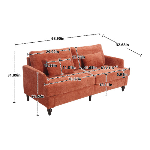 Orange Chenille Mid-Century 2-Seat Loveseat,Brown Wood Legs