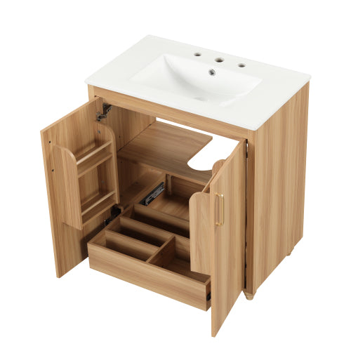 30" Bathroom Vanity with Sink Combo, Multi-functional Bathroom Cabinet with Doors and Drawer, MDF Board, Natural