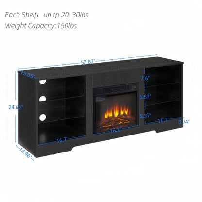 58 Inch Black Electric Fireplace TV Stand 3D LED Flame Media Console with Built-In Charging Station for 65 Inch TV