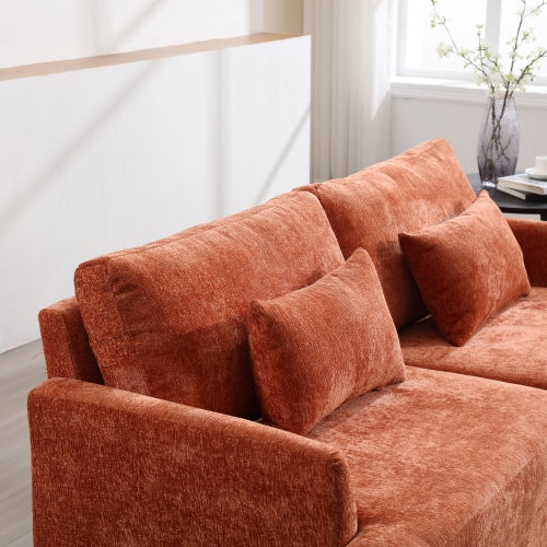 Orange Chenille Mid-Century 2-Seat Loveseat,Brown Wood Legs