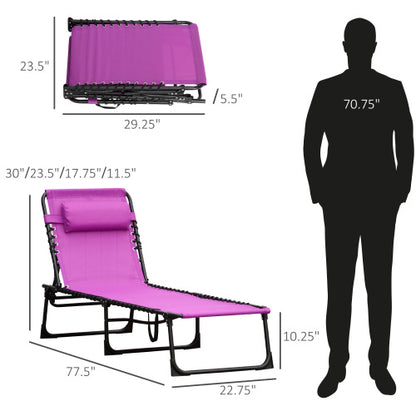 Outsunny Folding Chaise Lounge Pool Chair, Patio Sun Tanning Chair, Outdoor Lounge Chair w/ 4-Position Reclining Back, Pillow, Breathable Mesh & Bungee Seat for Beach, Yard, Patio, Purple