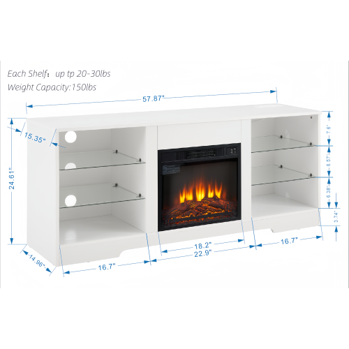 58 Inch White Electric Fireplace TV Stand 3D Color LED Light Media Cabinet with USB Power Outlet for 65 Inch TV