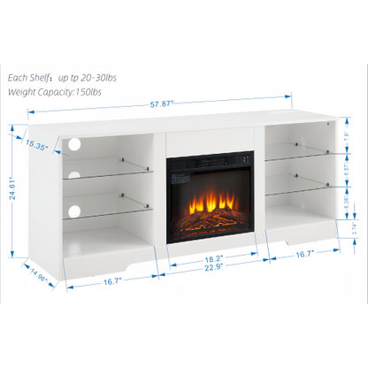 58 Inch White Electric Fireplace TV Stand 3D Color LED Light Media Cabinet with USB Power Outlet for 65 Inch TV