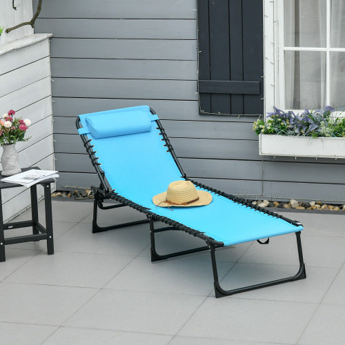Outsunny Folding Chaise Lounge Pool Chair, Patio Sun Tanning Chair, Outdoor Lounge Chair w/ 4-Position Reclining Back, Pillow, Breathable Mesh & Bungee Seat for Beach, Yard, Patio, Blue