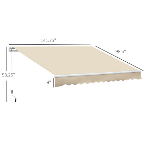 Outsunny 12' x 8' Retractable Awning Patio Awnings Sun Shade Shelter with Manual Crank Handle, 280g/m² UV & Water-Resistant Fabric and Aluminum Frame for Deck, Balcony, Yard, Cream White