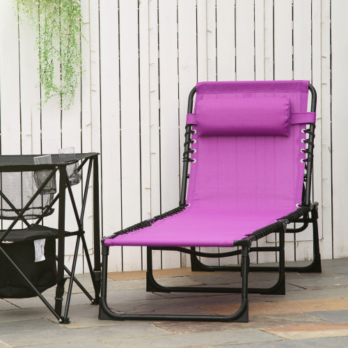 Outsunny Folding Chaise Lounge Pool Chair, Patio Sun Tanning Chair, Outdoor Lounge Chair w/ 4-Position Reclining Back, Pillow, Breathable Mesh & Bungee Seat for Beach, Yard, Patio, Purple