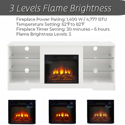 58 Inch White Electric Fireplace TV Stand 3D Color LED Light Media Cabinet with USB Power Outlet for 65 Inch TV