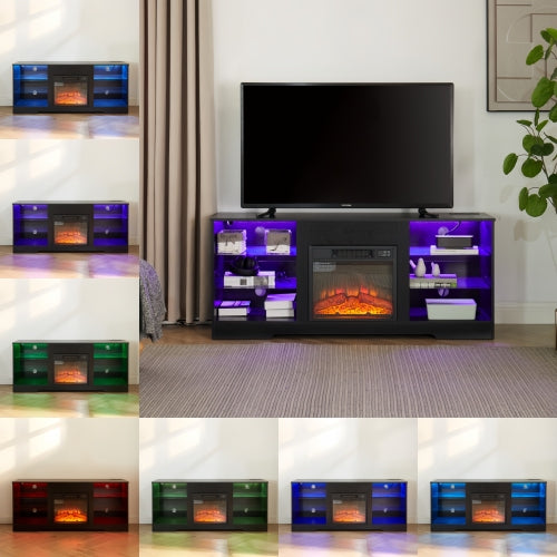 58 Inch Black Electric Fireplace TV Stand 3D LED Flame Media Console with Built-In Charging Station for 65 Inch TV
