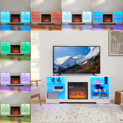 58 Inch White Electric Fireplace TV Stand 3D Color LED Light Media Cabinet with USB Power Outlet for 65 Inch TV