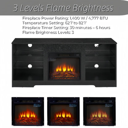 58 Inch Black Electric Fireplace TV Stand 3D LED Flame Media Console with Built-In Charging Station for 65 Inch TV