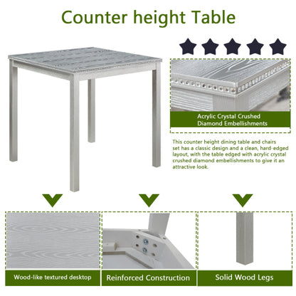 Square Counter Height Table with Crystal Inlay, Silver Grey