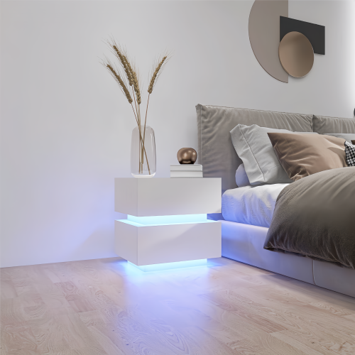 White High Gloss 2-Drawer Nightstand with RGB LED & Bluetooth