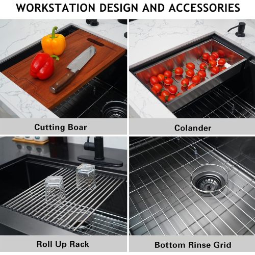 36 Inch Apron Front Workstation Farmhouse Sink 16 Guage Gunmetal Matte Black Stainless Steel Kitchen Sink Single Bowl Farm Sink