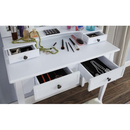 Antique White Wood Vanity & Stool Set, 3?Panel Beveled Mirror, 4 Drawers, Brushed Nickel Hardware