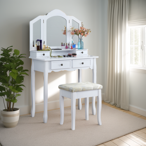 Antique White Wood Vanity & Stool Set, 3?Panel Beveled Mirror, 4 Drawers, Brushed Nickel Hardware