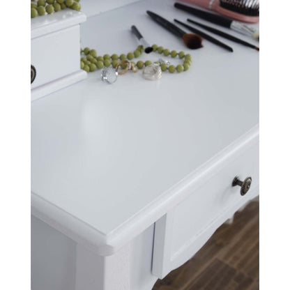 Antique White Wood Vanity & Stool Set, 3?Panel Beveled Mirror, 4 Drawers, Brushed Nickel Hardware