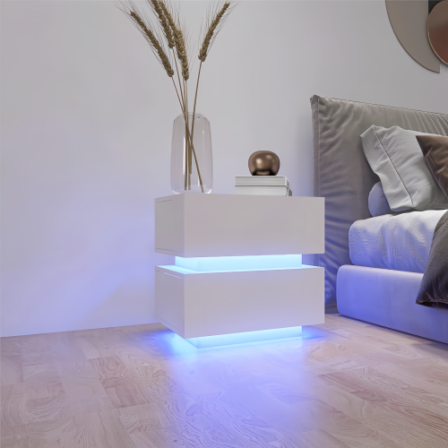 White High Gloss 2-Drawer Nightstand with RGB LED & Bluetooth