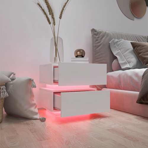 White High Gloss 2-Drawer Nightstand with RGB LED & Bluetooth