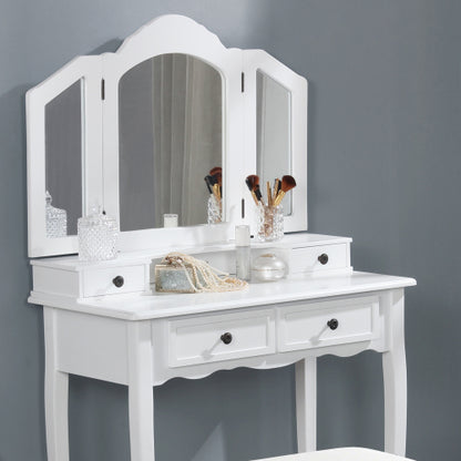 Antique White Wood Vanity & Stool Set, 3?Panel Beveled Mirror, 4 Drawers, Brushed Nickel Hardware