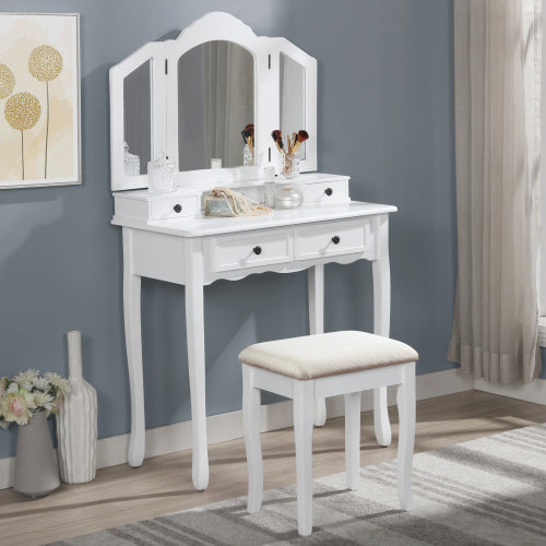 Antique White Wood Vanity & Stool Set, 3?Panel Beveled Mirror, 4 Drawers, Brushed Nickel Hardware
