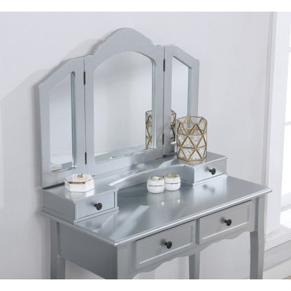 Silver Wood Vanity Makeup Table and Stool Set, 3-Panel Beveled Mirror, 4 Drawers, Brushed Nickel Hardware