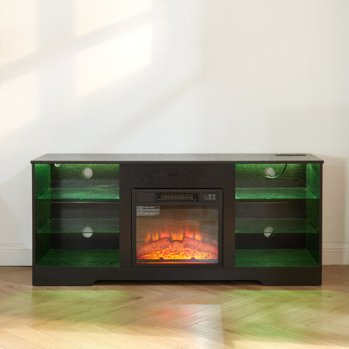 58 Inch Black Electric Fireplace TV Stand 3D LED Flame Media Console with Built-In Charging Station for 65 Inch TV
