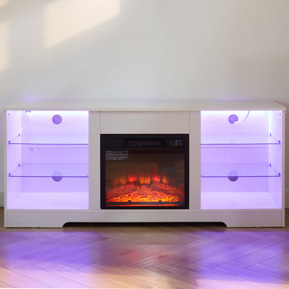 58 Inch White Electric Fireplace TV Stand 3D Color LED Light Media Cabinet with USB Power Outlet for 65 Inch TV