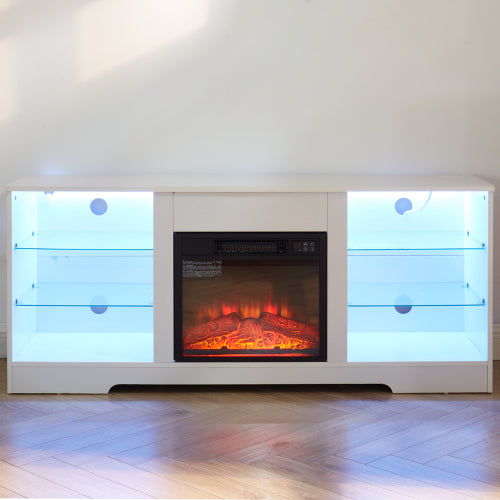 58 Inch White Electric Fireplace TV Stand 3D Color LED Light Media Cabinet with USB Power Outlet for 65 Inch TV