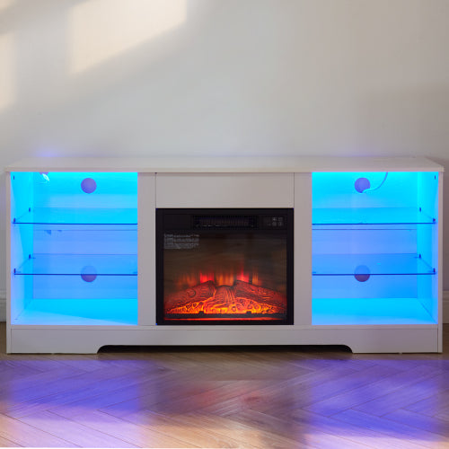 58 Inch White Electric Fireplace TV Stand 3D Color LED Light Media Cabinet with USB Power Outlet for 65 Inch TV
