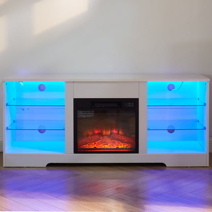 58 Inch White Electric Fireplace TV Stand 3D Color LED Light Media Cabinet with USB Power Outlet for 65 Inch TV