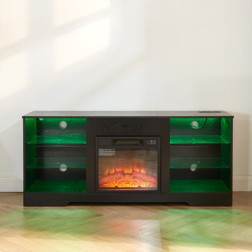 58 Inch Black Electric Fireplace TV Stand 3D LED Flame Media Console with Built-In Charging Station for 65 Inch TV