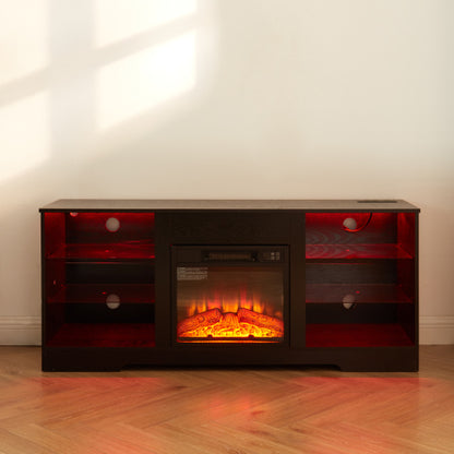 58 Inch Black Electric Fireplace TV Stand 3D LED Flame Media Console with Built-In Charging Station for 65 Inch TV