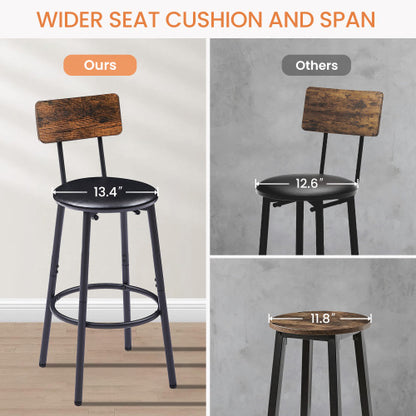 Round bar stool set with shelf, upholstered stool with backrest, Rustic Brown, 23.62inch  W x 23.62inch  D x 35.43inch  H
