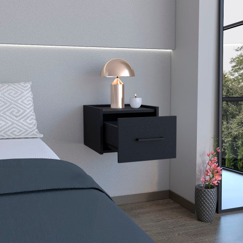 Floating Nightstand with Drawer, Wall Mounted Bedside Table, Space Saving Storage Shelf, Modern Bedroom Nightstand, Black
